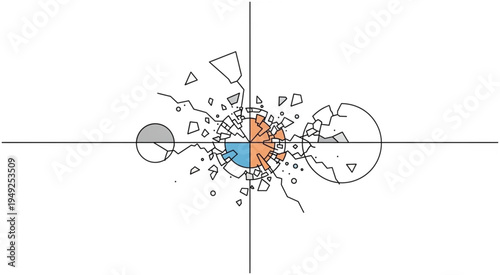 Abstract representation of planetary collision with fragmented elements.