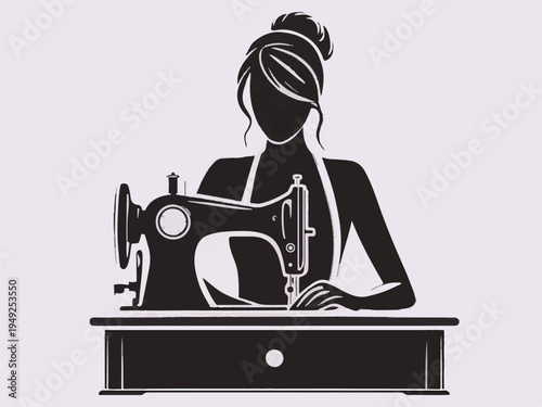 Black silhouette of a woman sewing on a vintage sewing machine at a table tailor seamstress