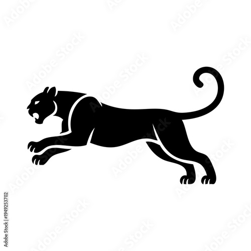Logotipo con dibujo sencillo de una pantera saltando, vista de perfil 