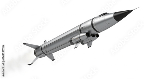Silver Missile Ascending with Smoke Trail on White Background.