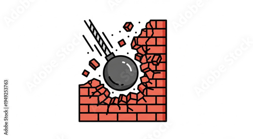 Wrecking Ball Demolishing Brick Wall - Destruction and Construction Concept.