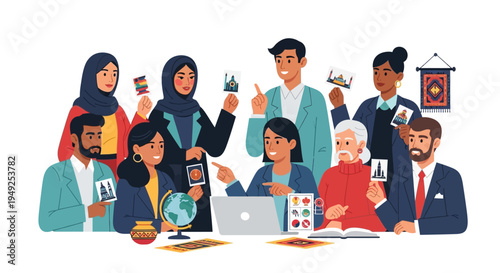 Diverse group of people learning geography with cards and laptop