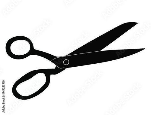 Black Silhouette of Open Tailor Scissors on White Background Keywords: scissors, tailor, sewing, cutting, tool, craft, hobby