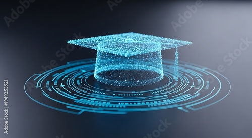 Digital graduation cap constructed of glowing blue particles, on a circular tech design