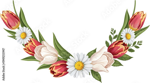 A beautiful floral arrangement of tulips and daisies on a white background