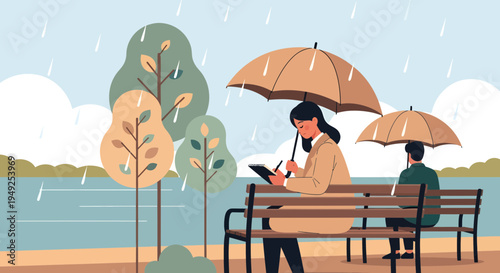 Woman with Umbrella Drawing in the Rain.