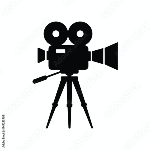 Classic movie camera icon with reels and tripod on white background film camera cinema