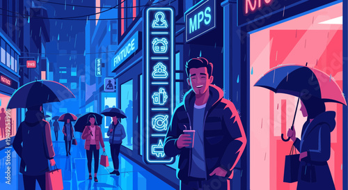 Young man holding coffee cup in rainy city street.