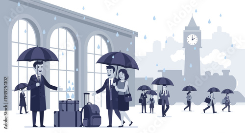 Couple with luggage under umbrellas in the rain.