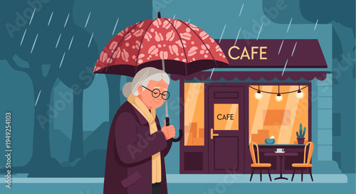 Elderly Woman Holding Umbrella Outside Cafe in Rain.