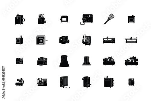 Professional Vector Silhouettes of Urban Public Infrastructure and Security Technology Featuring Solar Bus Stop, Parking Meter, Cctv Surveillance Camera, Traffic Signal, Cnc Machinery, S