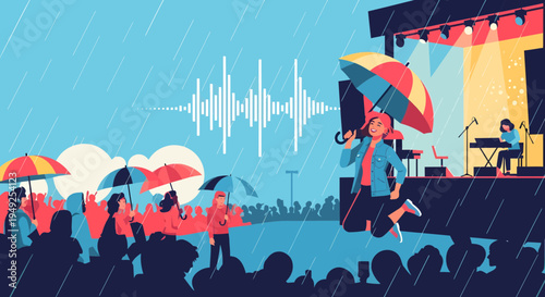 Joyful Woman Jumping with Umbrella at Outdoor Concert.