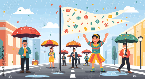 Joyful girl dancing in rain with colorful umbrella.