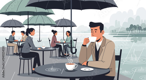 Man enjoying coffee at outdoor cafe.