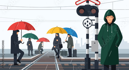 Man in green raincoat standing at train station.