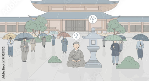 Man in traditional Japanese clothing meditating peacefully outdoors.