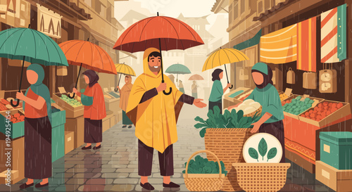 Man in Yellow Raincoat Holding Umbrella at Market.