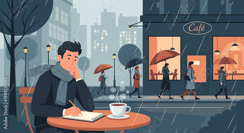 Man sitting at cafe table writing in notebook.