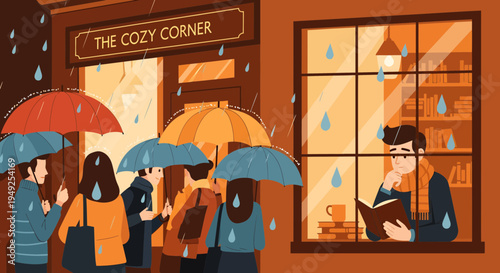 Man reading book inside cozy cafe during rainy day.