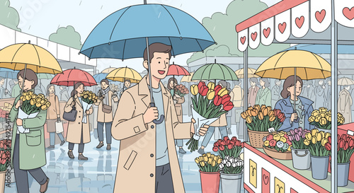 Man holding umbrella and flowers at market.