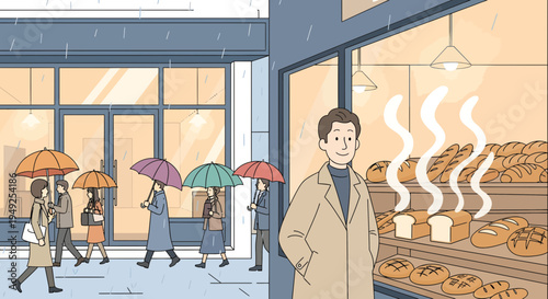 Man standing in front of bakery window.