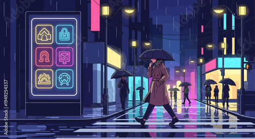 Person walking in rain with umbrella on city street.