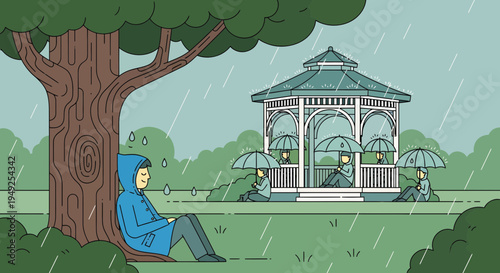 Person in Blue Raincoat Sitting Under Tree.