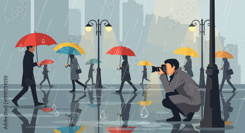 Photographer Capturing Rainy City Scene with Umbrellas.