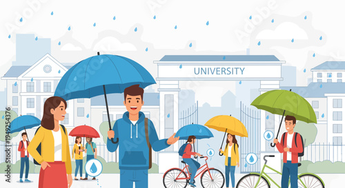 Students with umbrellas walking in the rain outside university.