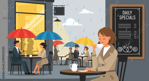 Woman enjoying coffee at cafe during rain.