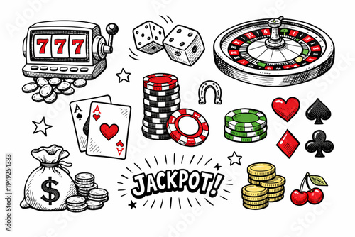 Hand Drawn Casino Icons Set with Slots, Dice, Roulette, Chips and Playing Cards Vector
