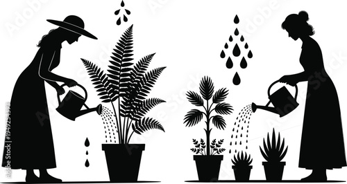 Women watering houseplants silhouettes with watering cans, caring for indoor potted plants and tropical foliage, home gardening activity illustration isolated on light background