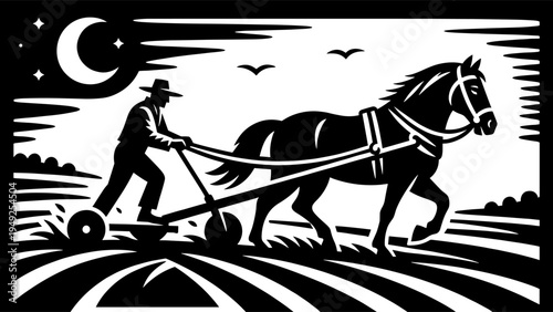Woodcut style illustration of a farmer plowing a rural field with a horse under a crescent moon and starry night sky in vintage monochrome.