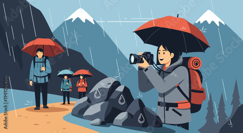 Woman Photographer Capturing Nature in Rainy Mountain Landscape.