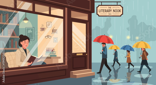 Woman reading a book inside a cozy bookstore on a rainy day.