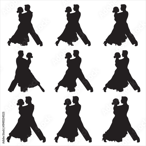 Set of black fashion vector silhouettes featuring elegant women in dresses and dancing girls, highlighting beauty, party style, and artistic wedding couple illustrations for modern business design