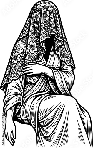 Engraved lady with hooded veil illustration, evocative mystery a
