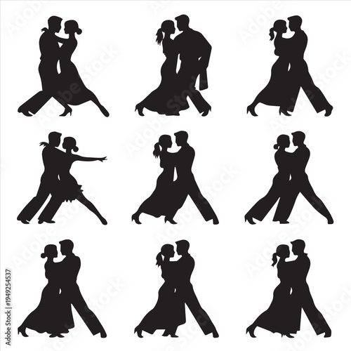 A diverse collection of black vector silhouettes featuring men, women, and children in action, from a family with a baby to a couple dancing a fun tango illustration