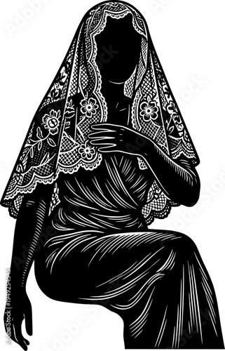 Engraved lady with hooded veil illustration, evocative mystery a
