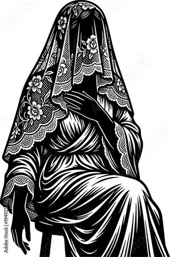 Engraved lady with hooded veil illustration, evocative mystery a
