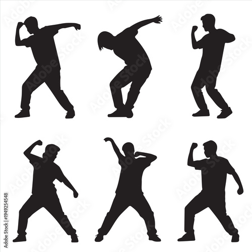 Black vector illustration of a young man dancing in an artistic pose among a series of people silhouettes representing the evolution of sport and youth at a party