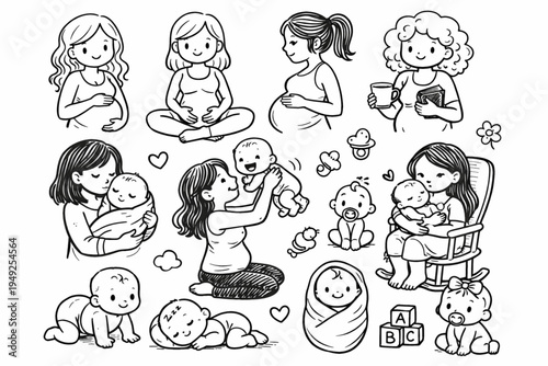 Hand Drawn Vector Set of Pregnant Women and Little Babies Cute Motherhood Characters