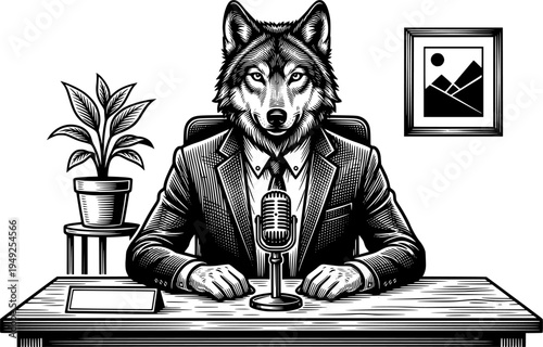 Woodcut illustration of anthropomorphic wolf in business attire,

