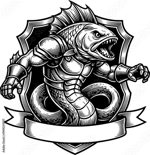 Intricate engraving of formidable fish monster with human muscle

