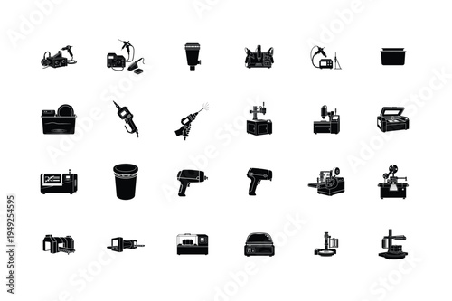 Telecommunication and Satellite Navigation Equipment Symbols Featuring Cell Tower Radar Dish Walkie Talkie Wireless Router Baby Incubator and Compass