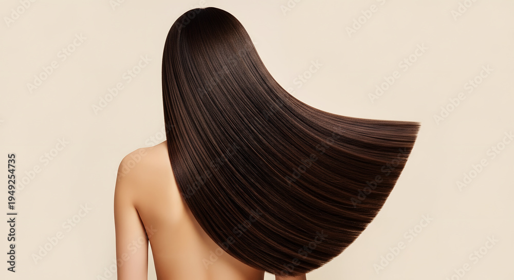 Naklejka premium Woman with long dark brown straight shiny hair flowing over shoulder image