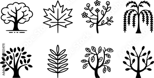 Collection of stylized black and white tree and leaf a white background nature plant