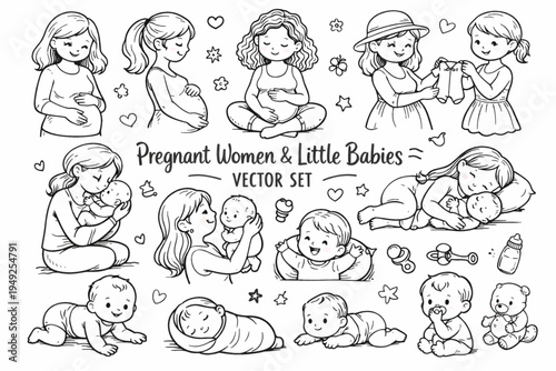 Hand Drawn Vector Set of Pregnant Women and Little Babies Cute Motherhood Characters