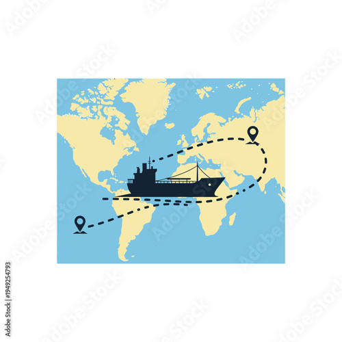 Global Shipping Route with Cargo Ship on World Map.