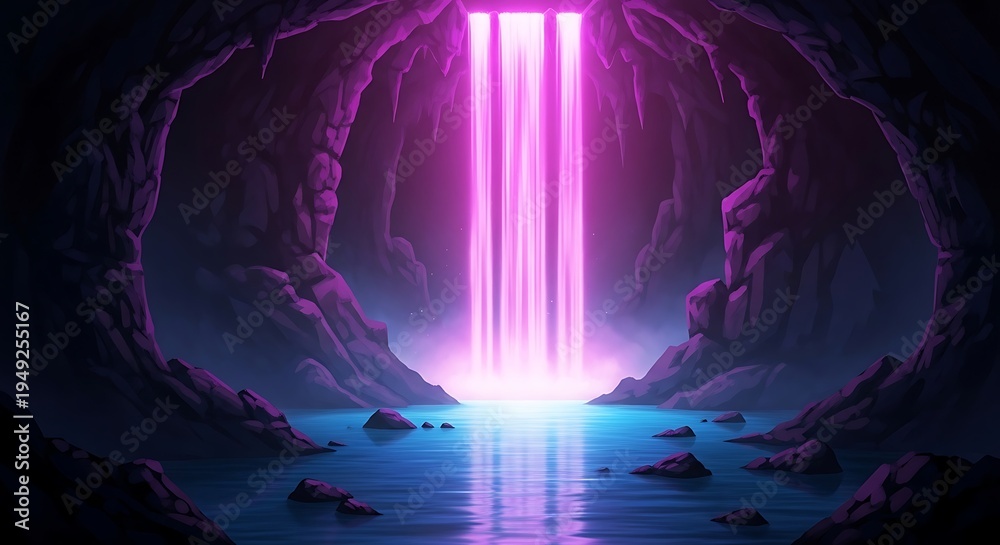 Fototapeta premium Dramatic illustration cave interior, ethereal light stream, tranquil water reflection